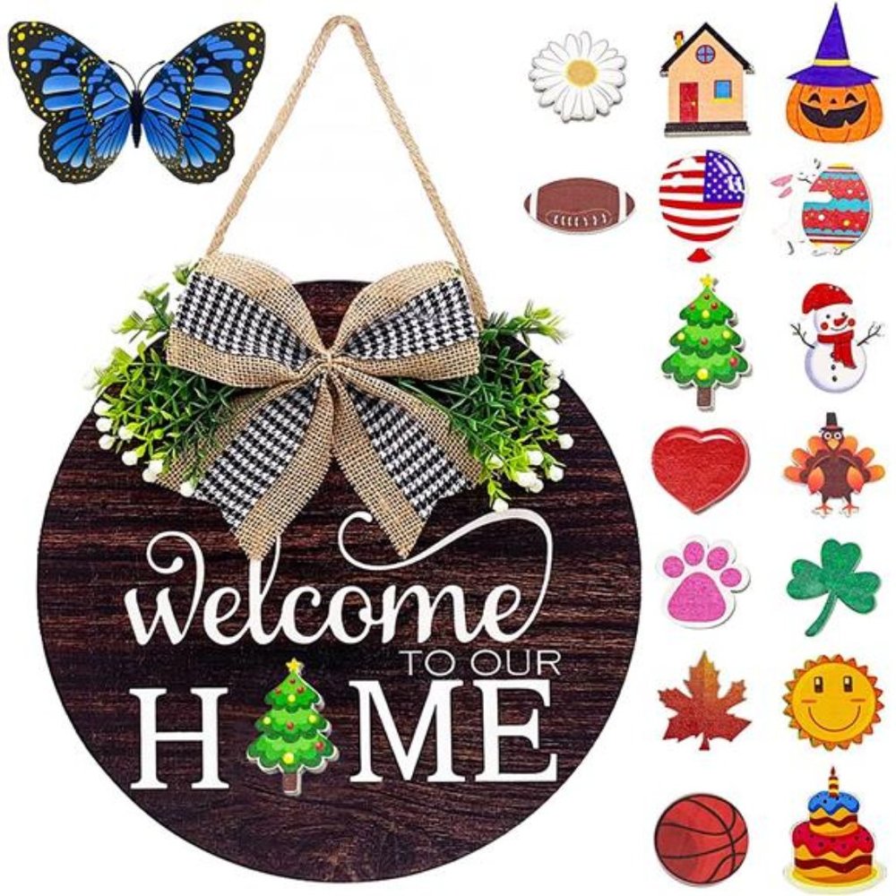 Interchangeable Welcome Sign Wreaths for Front Door - 12Inches